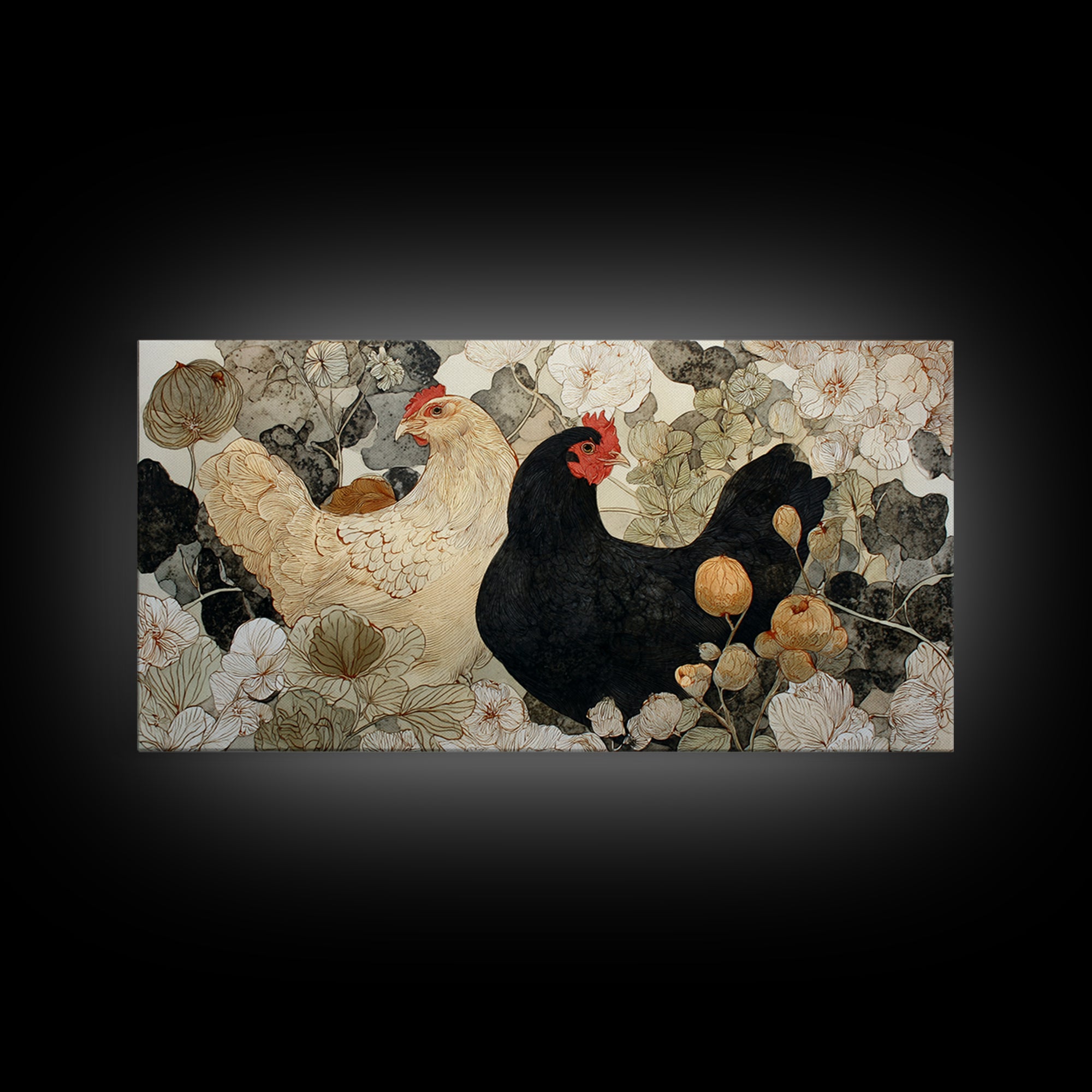 Chicken Family in a Garden Patch Framed Canvas Print, Farmhouse Art, Black Wall Art, Farmhouse Decor, Watercolor Art, Harvest, FAR-2x1-59