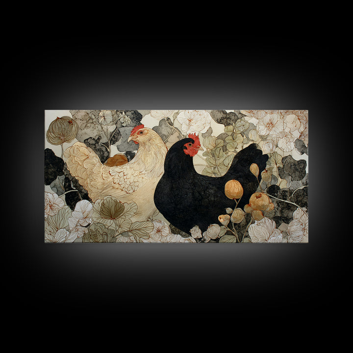 Chicken Family in a Garden Patch Framed Canvas Print, Farmhouse Art, Black Wall Art, Farmhouse Decor, Watercolor Art, Harvest, FAR-2x1-59