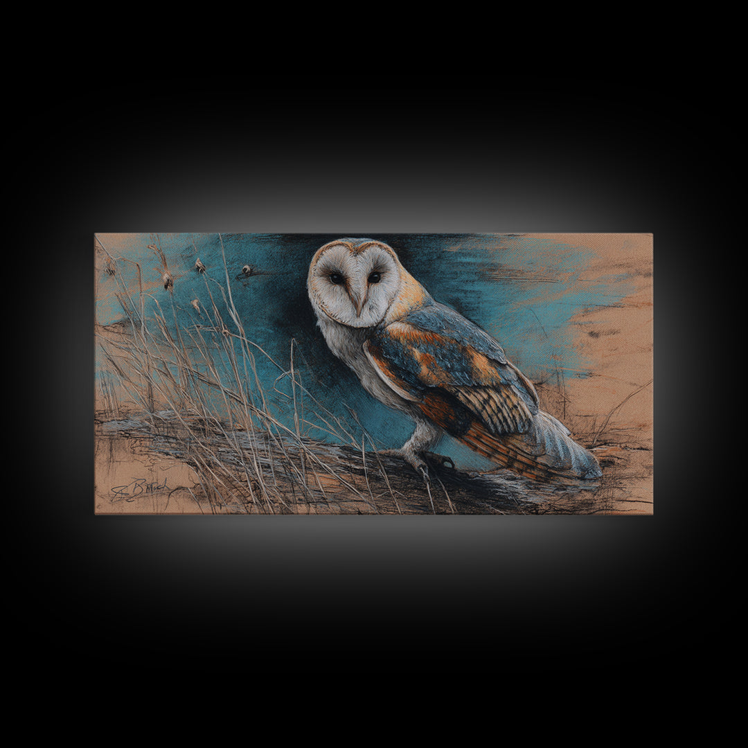 Barn Owl Perched on Aged Wood Framed Canvas Print, Farmhouse Art, Landscape Art, Farmhouse Decor, Fine Art, Harvest, FAR-2x1-67