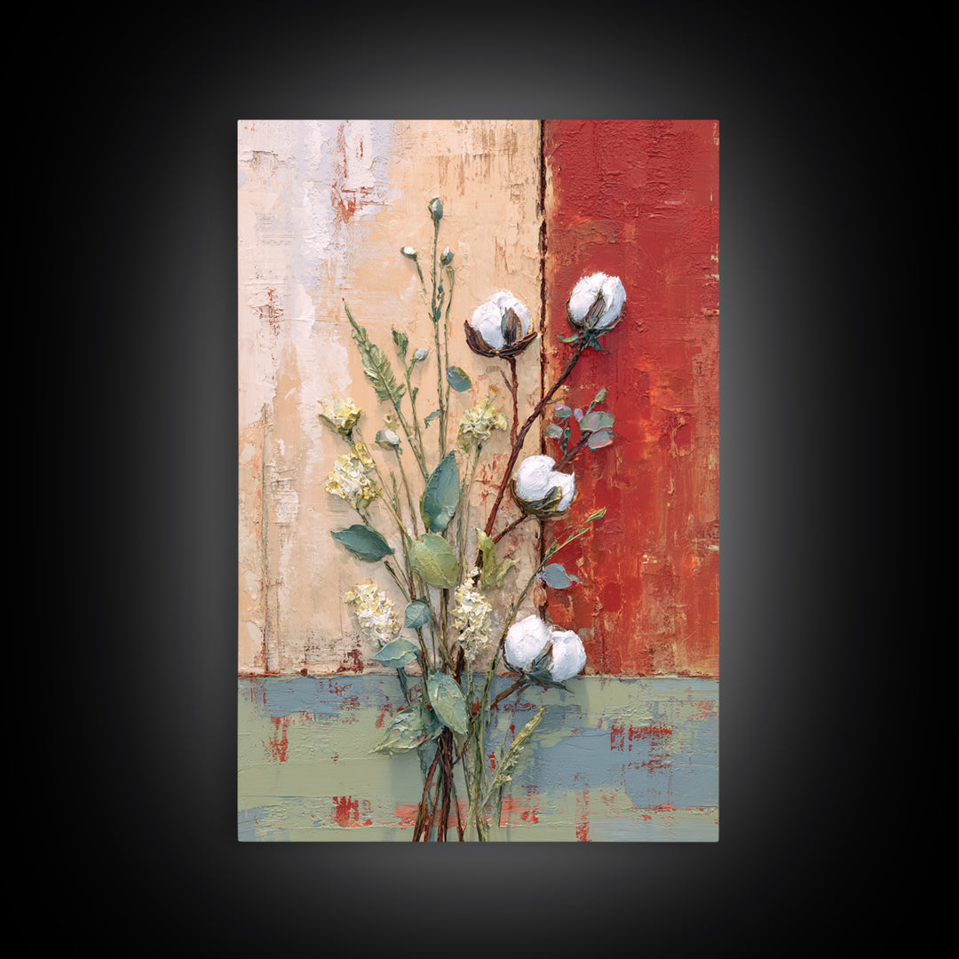 Farmhouse Wreath of Cotton Stems and Eucalyptus Framed Canvas Print, Farmhouse Art, Art Print, Farmhouse Decor, Harvest, FAR-2x3-100