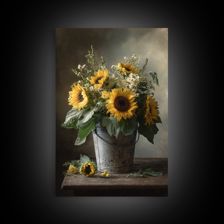 Sunflowers in a Galvanized Metal Bucket Canvas Print, Farmhouse Art, Botanical Art, Farmhouse Decor, Fine Art, Harvest, FAR-2x3-11