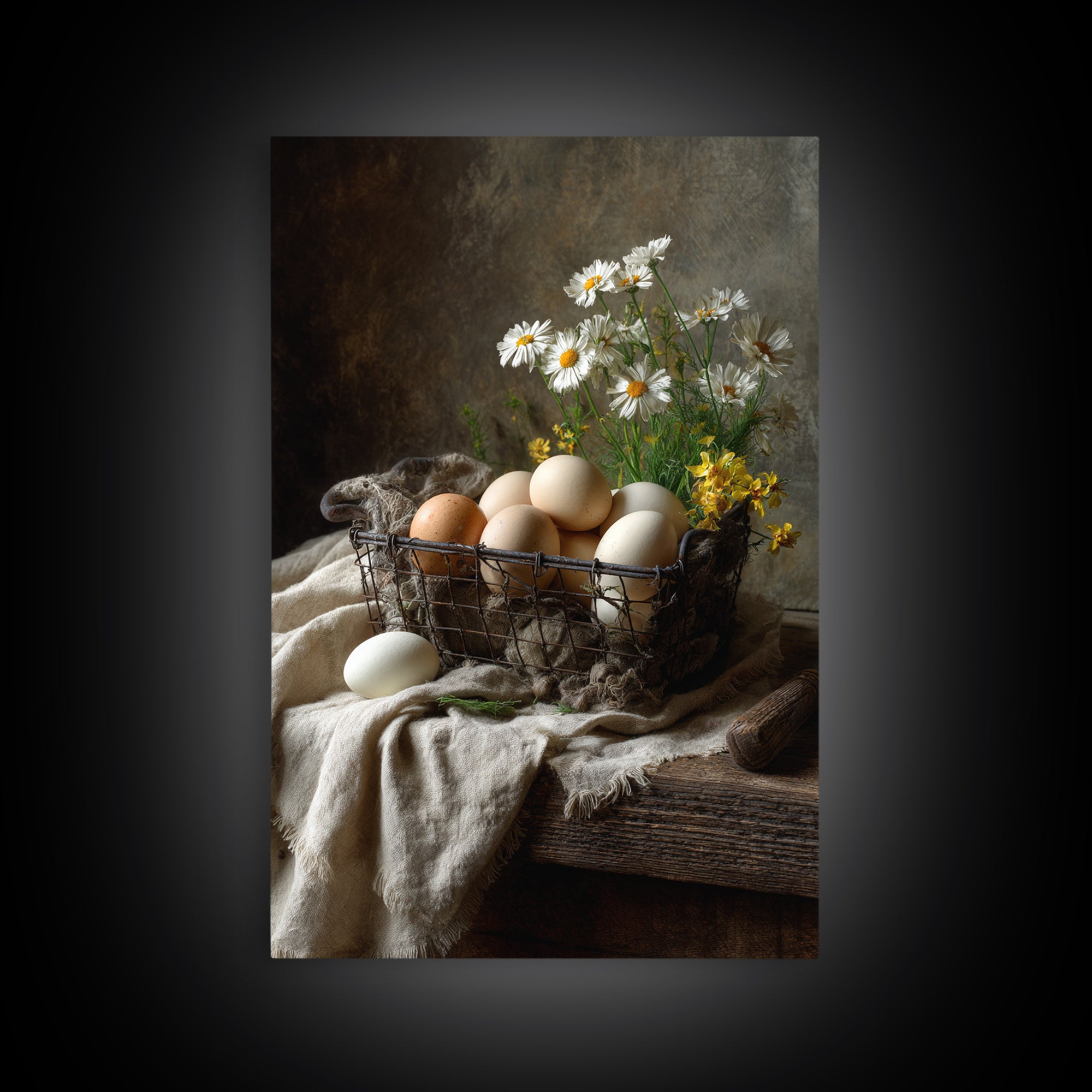 Fresh Eggs in a Wire Basket Canvas Print, Farmhouse Art, Art Print, Farmhouse Decor, Oil Painting, Harvest, Digital Art, FAR-2x3-14
