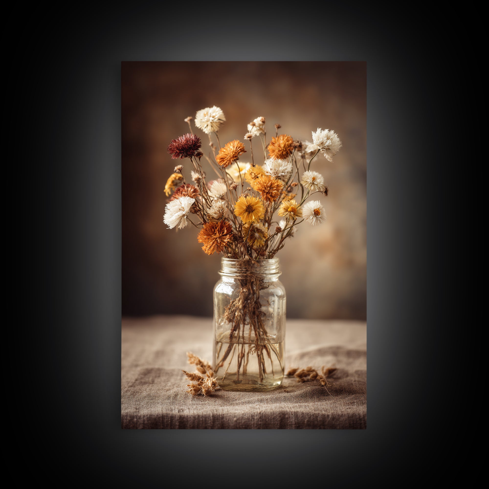 Wildflowers in a Mason Jar on Linen Canvas Print, Farmhouse Art, Gallery Decor, Farmhouse Decor, Oil Painting, Harvest, FAR-2x3-15