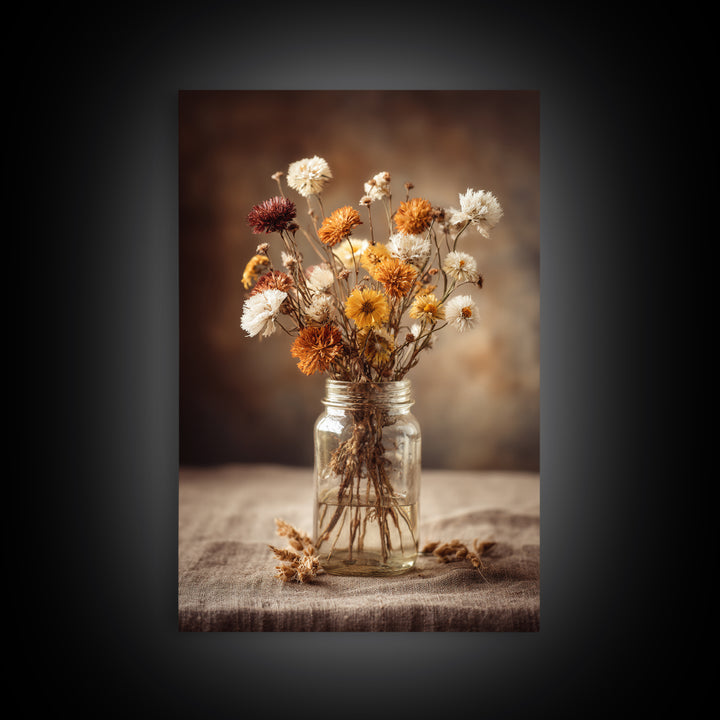 Wildflowers in a Mason Jar on Linen Canvas Print, Farmhouse Art, Gallery Decor, Farmhouse Decor, Oil Painting, Harvest, FAR-2x3-15