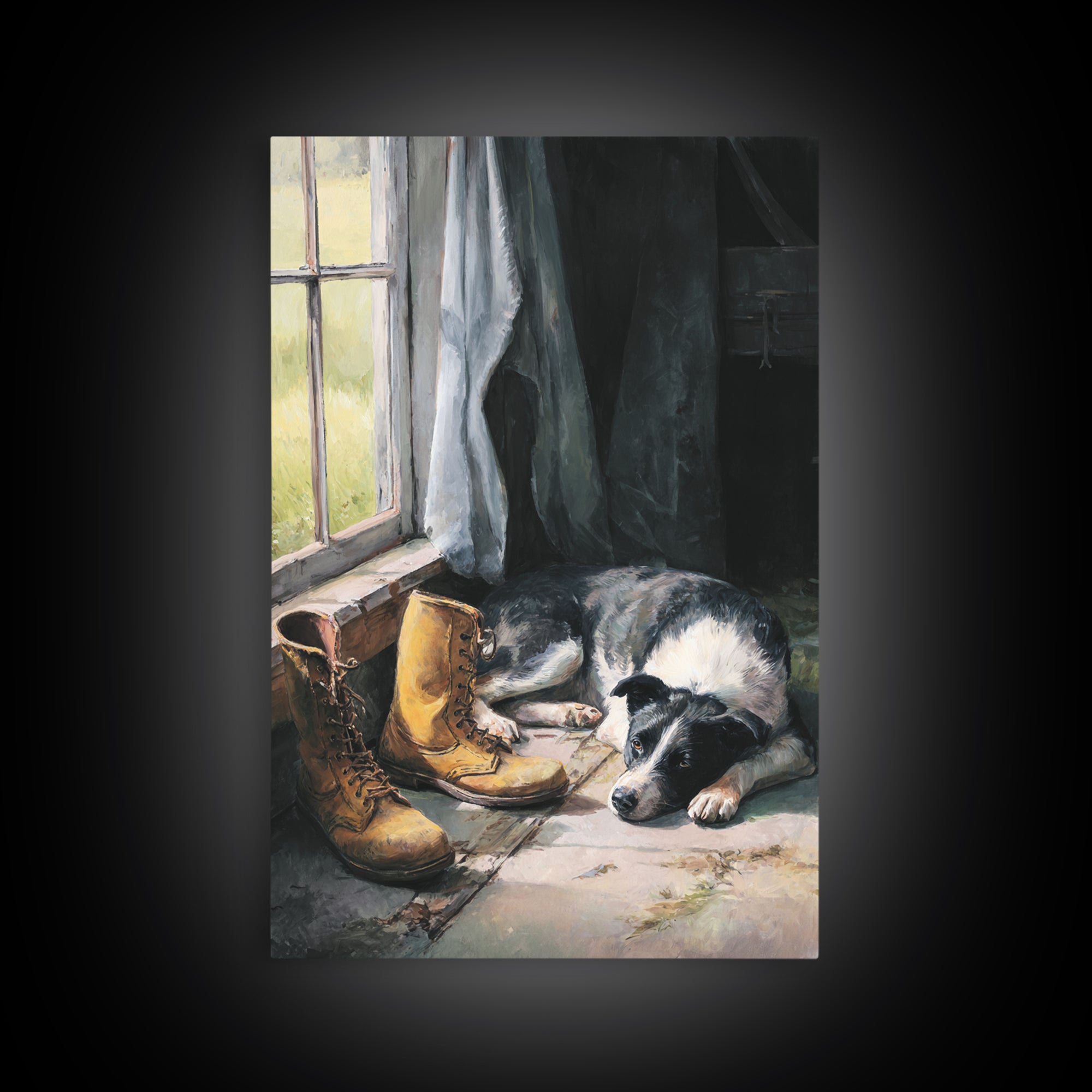 Farm Dog Lying Beside Weathered Boots Framed Canvas Print, Farmhouse Art, Wall Decor, Farmhouse Decor, Abstract Art, Harvest, FAR-2x3-17