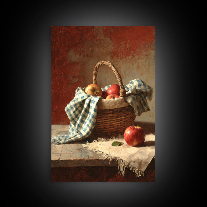 Apple Basket with Gingham Cloth Framed Canvas Print, Farmhouse Art, Neutral Decor, Farmhouse Decor, Fine Art, Harvest, FAR-2x3-19