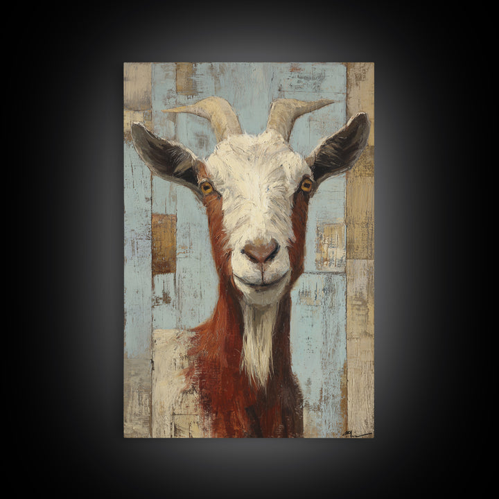 Goat Portrait with Playful Expression Framed Canvas Print, Farmhouse Art, Boho Decor, Farmhouse Decor, Fine Art, Harvest, FAR-2x3-2