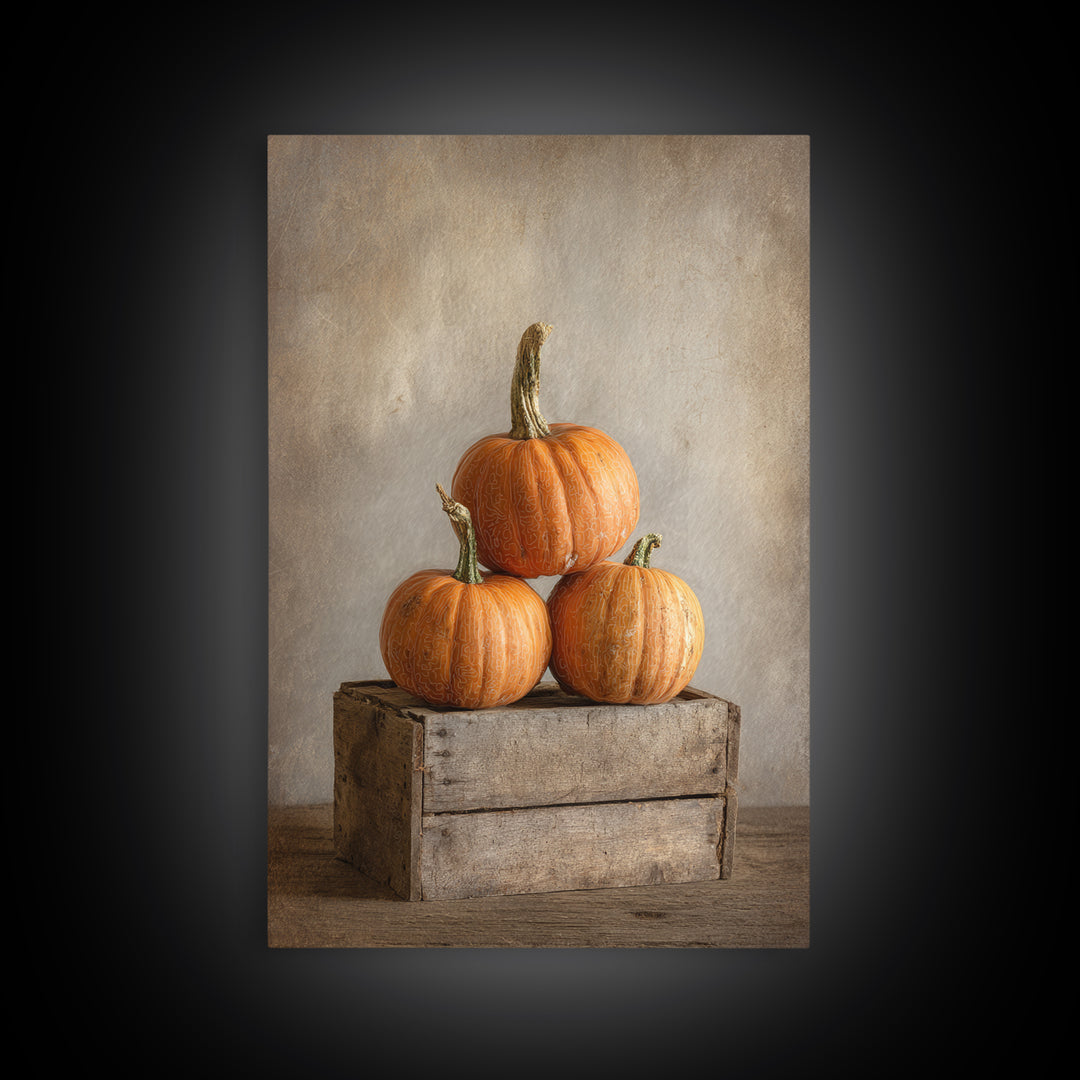 Pumpkins Stacked on a Wooden Crate Framed Canvas Print, Farmhouse Art, Contemporary Art, Farmhouse Decor, Oil Painting, Harvest, FAR-2x3-21