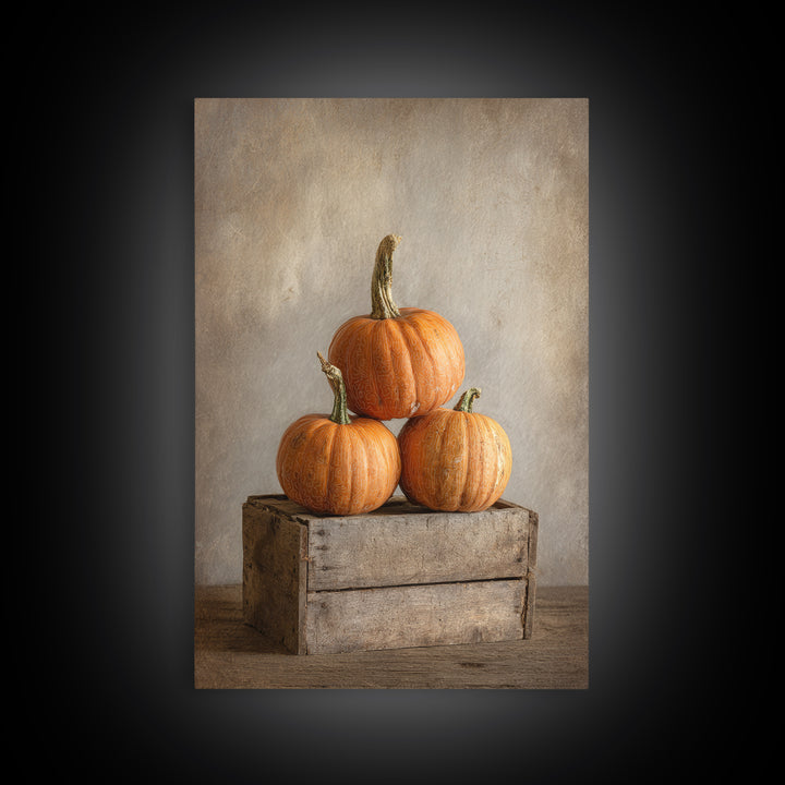 Pumpkins Stacked on a Wooden Crate Framed Canvas Print, Farmhouse Art, Contemporary Art, Farmhouse Decor, Oil Painting, Harvest, FAR-2x3-21