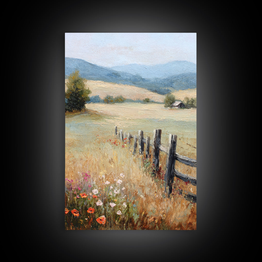 Country Landscape with Fence and Rolling Hills Framed Canvas Print, Farmhouse Art, Textured Painting, Farmhouse Decor, Harvest, FAR-2x3-22