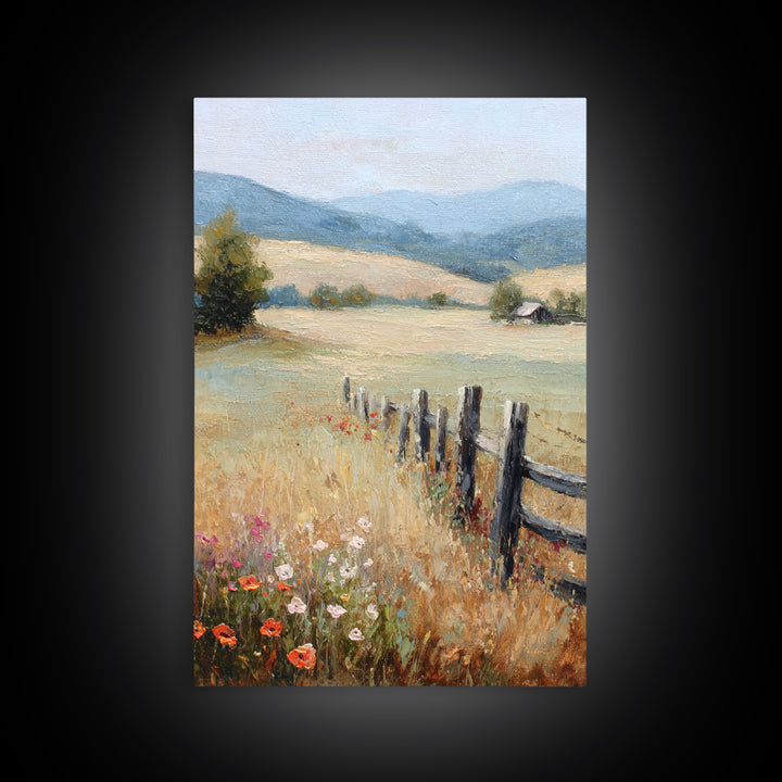 Country Landscape with Fence and Rolling Hills Framed Canvas Print, Farmhouse Art, Textured Painting, Farmhouse Decor, Harvest, FAR-2x3-22