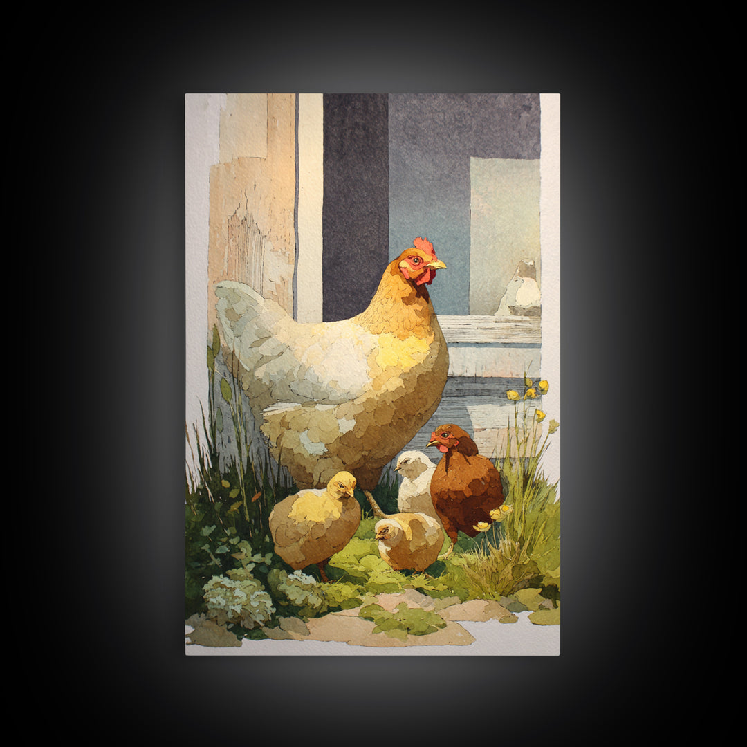 Chicken Family in a Garden Patch Canvas Print, Farmhouse Art, Art Print, Farmhouse Decor, Fine Art, Harvest, Digital Art, FAR-2x3-23