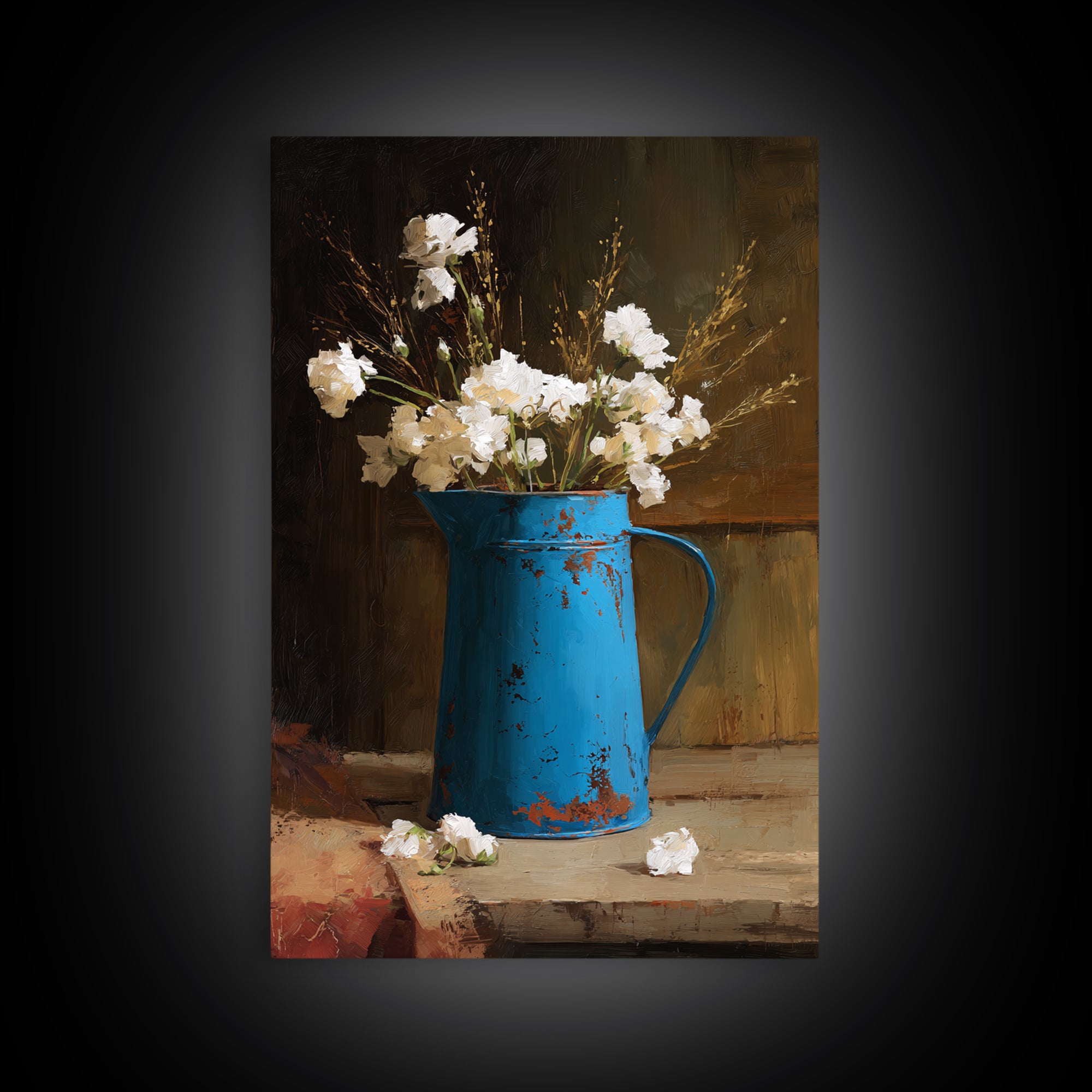 Blue Enamel Pitcher Framed Canvas Print, Farmhouse Art, Landscape Painting, Farmhouse Decor, Watercolor Art, Harvest, FAR-2x3-24