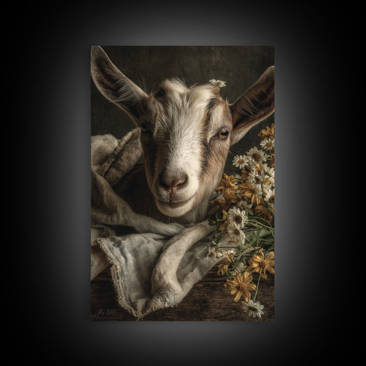 Goat Portrait with Playful Expression Framed Canvas Print, Farmhouse Art, Boho Decor, Farmhouse Decor, Fine Art, Harvest, FAR-2x3-26
