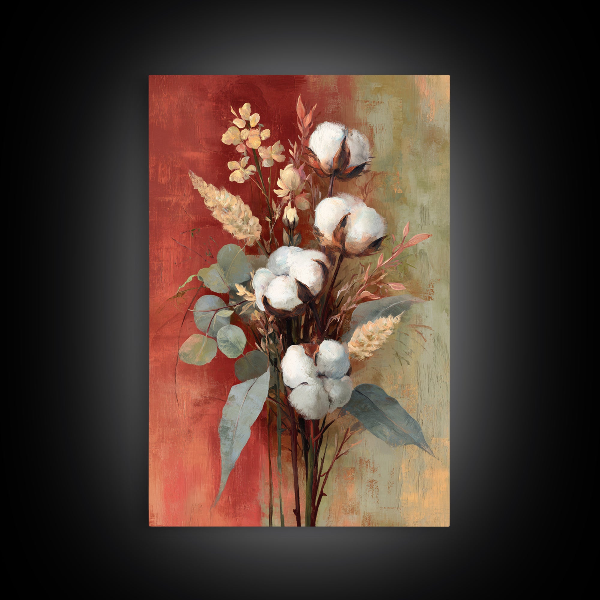 Farmhouse Wreath of Cotton Stems and Eucalyptus Framed Canvas Print, Farmhouse Art, Farmhouse Decor, Fine Art, Harvest, FAR-2x3-28