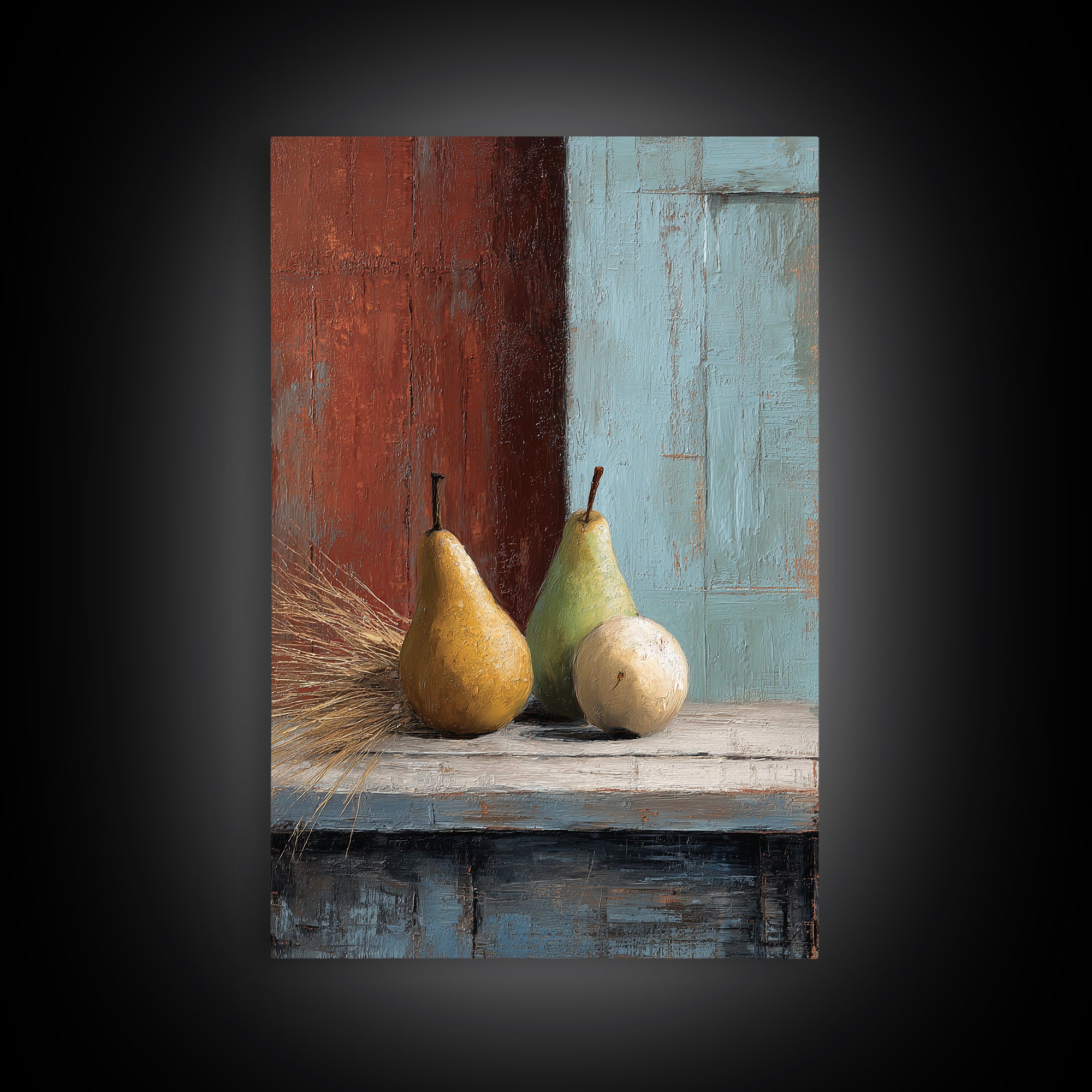 Rustic Pear Still Life on Plank Wood Framed Canvas Print, Farmhouse Art, Landscape Art, Farmhouse Decor, Fine Art, Harvest, FAR-2x3-3