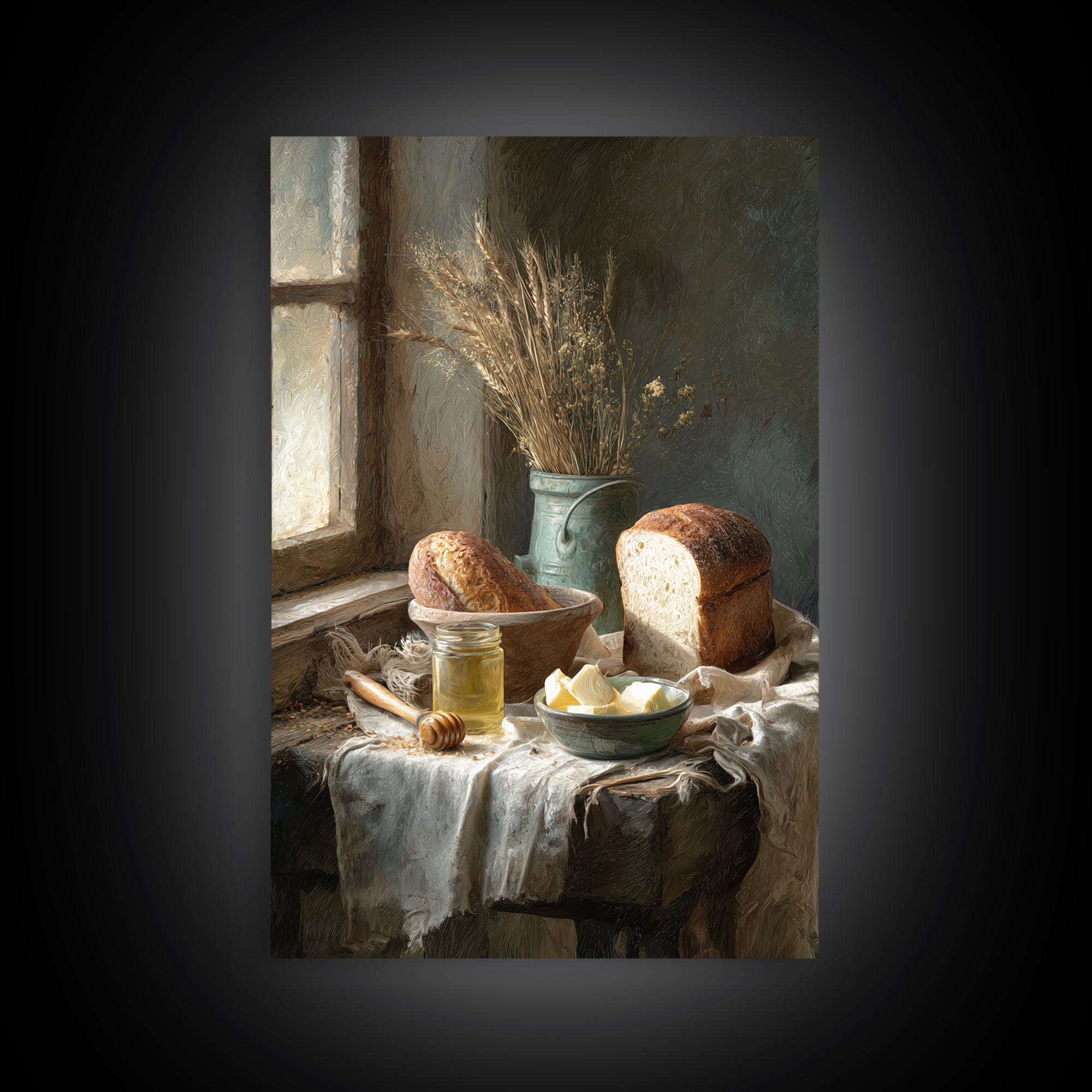 Fresh Bread Honey and Butter Still Life Canvas Print, Farmhouse Art, Gallery Wall, Farmhouse Decor, Fine Art, Harvest, FAR-2x3-32