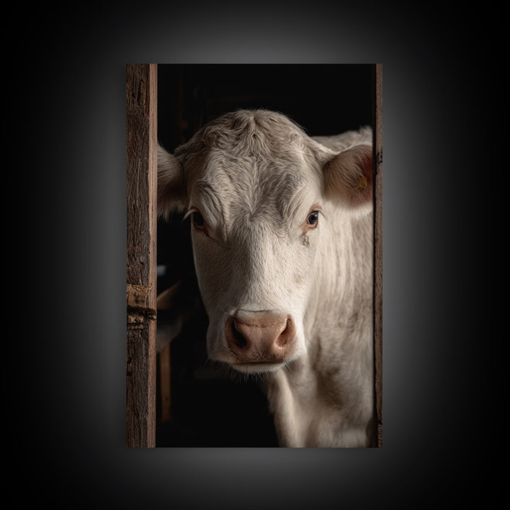 White Cow Portrait Framed Canvas Print, Farmhouse Art, Printable Wall Art, Farmhouse Decor, Fine Art, Harvest, Black Wall Art, FAR-2x3-33