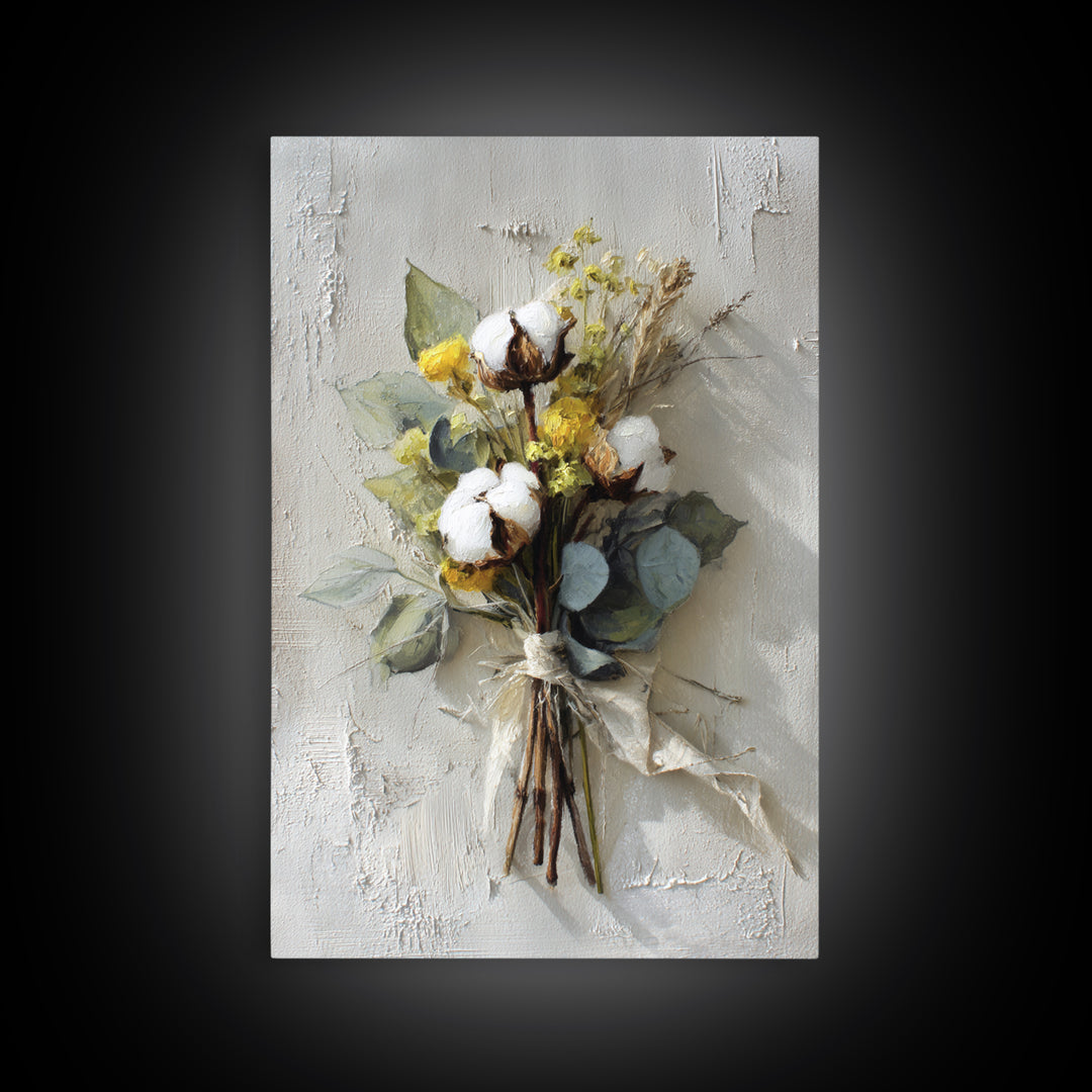 Farmhouse Wreath of Cotton Stems and Eucalyptus Canvas Print, Farmhouse Art, Statement Artwork, Farmhouse Decor, Harvest, FAR-2x3-4