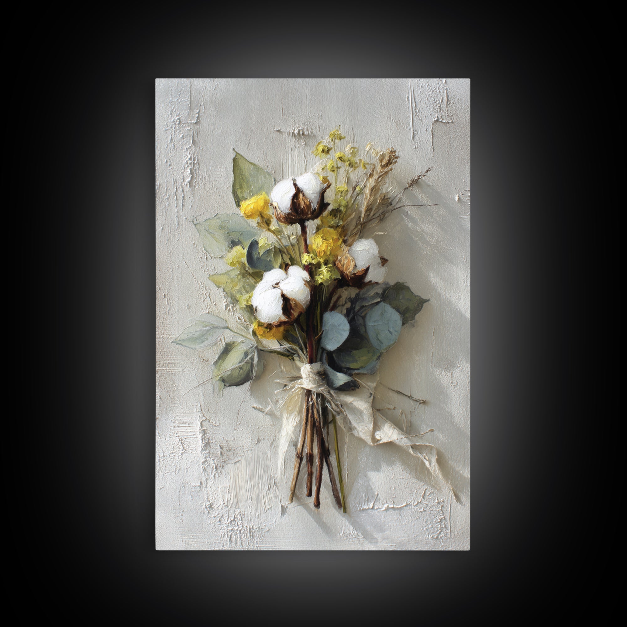 Farmhouse Wreath of Cotton Stems and Eucalyptus Canvas Print, Farmhouse Art, Statement Artwork, Farmhouse Decor, Harvest, FAR-2x3-4