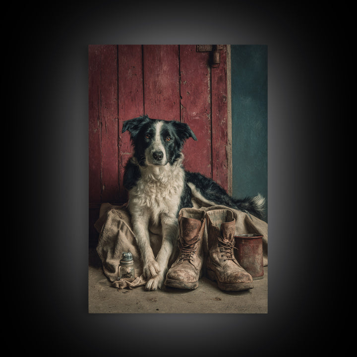 Farm Dog Lying Beside Weathered Boots Framed Canvas Print, Farmhouse Art, Wall Decor, Farmhouse Decor, Abstract Art, Harvest, FAR-2x3-41