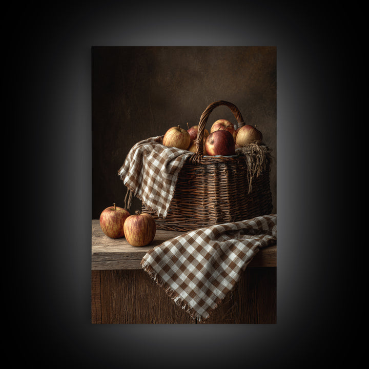 Apple Basket with Gingham Cloth Framed Canvas Print, Farmhouse Art, Contemporary Art, Farmhouse Decor, Fine Art, Harvest, FAR-2x3-43