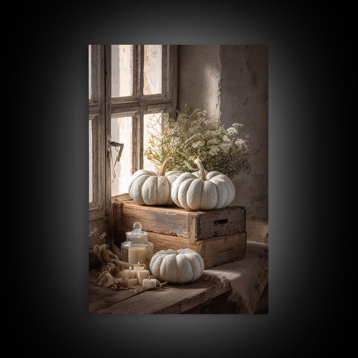Pumpkins Stacked on a Wooden Crate Canvas Print, Farmhouse Art, Digital Prints, Farmhouse Decor, Harvest, Watercolor Painting, FAR-2x3-45