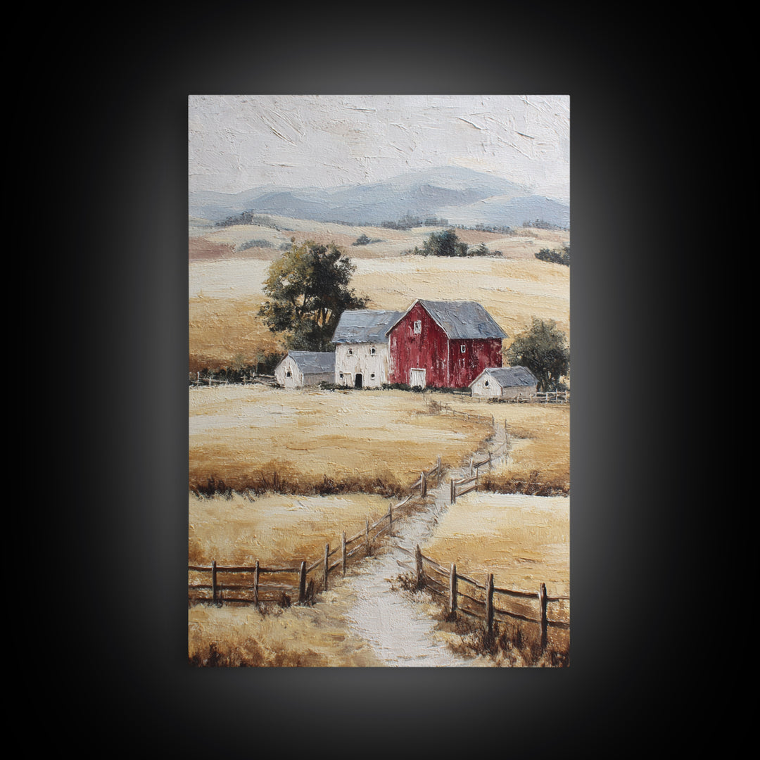 Country Landscape with Fence and Rolling Hills Framed Canvas Print, Farmhouse Art, Textured Painting, Farmhouse Decor, Harvest, FAR-2x3-46