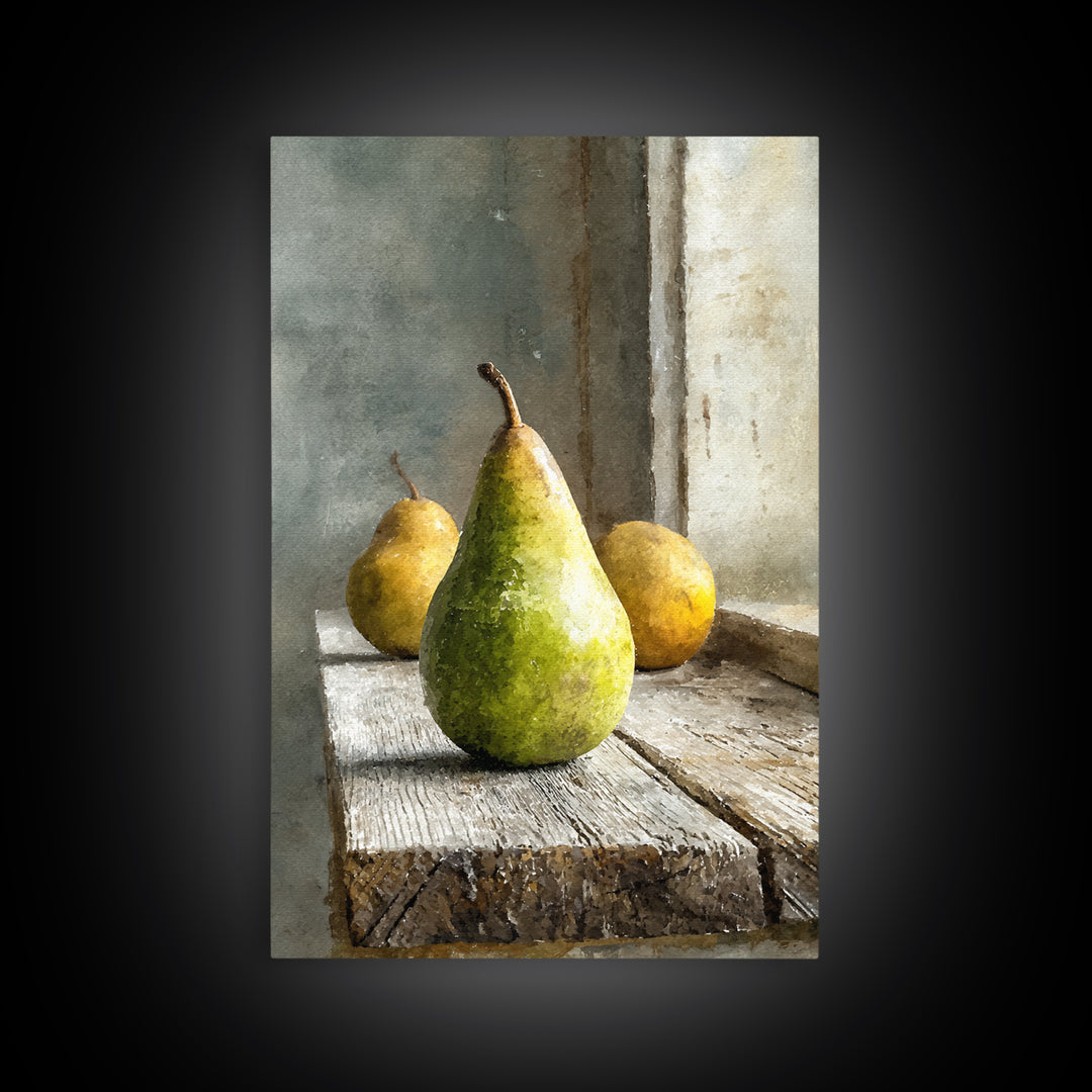 Rustic Pear Still Life on Plank Wood Framed Canvas Print, Farmhouse Art, Room Decor, Farmhouse Decor, Oil Painting, Harvest, FAR-2x3-51