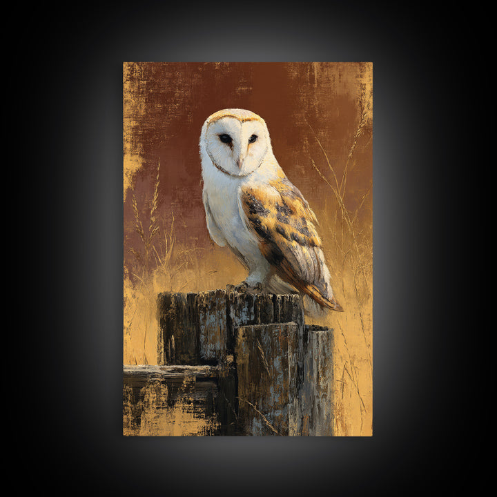Barn Owl Perched on Aged Wood Framed Canvas Print, Farmhouse Art, Textured Painting, Farmhouse Decor, Fine Art, Harvest, FAR-2x3-55