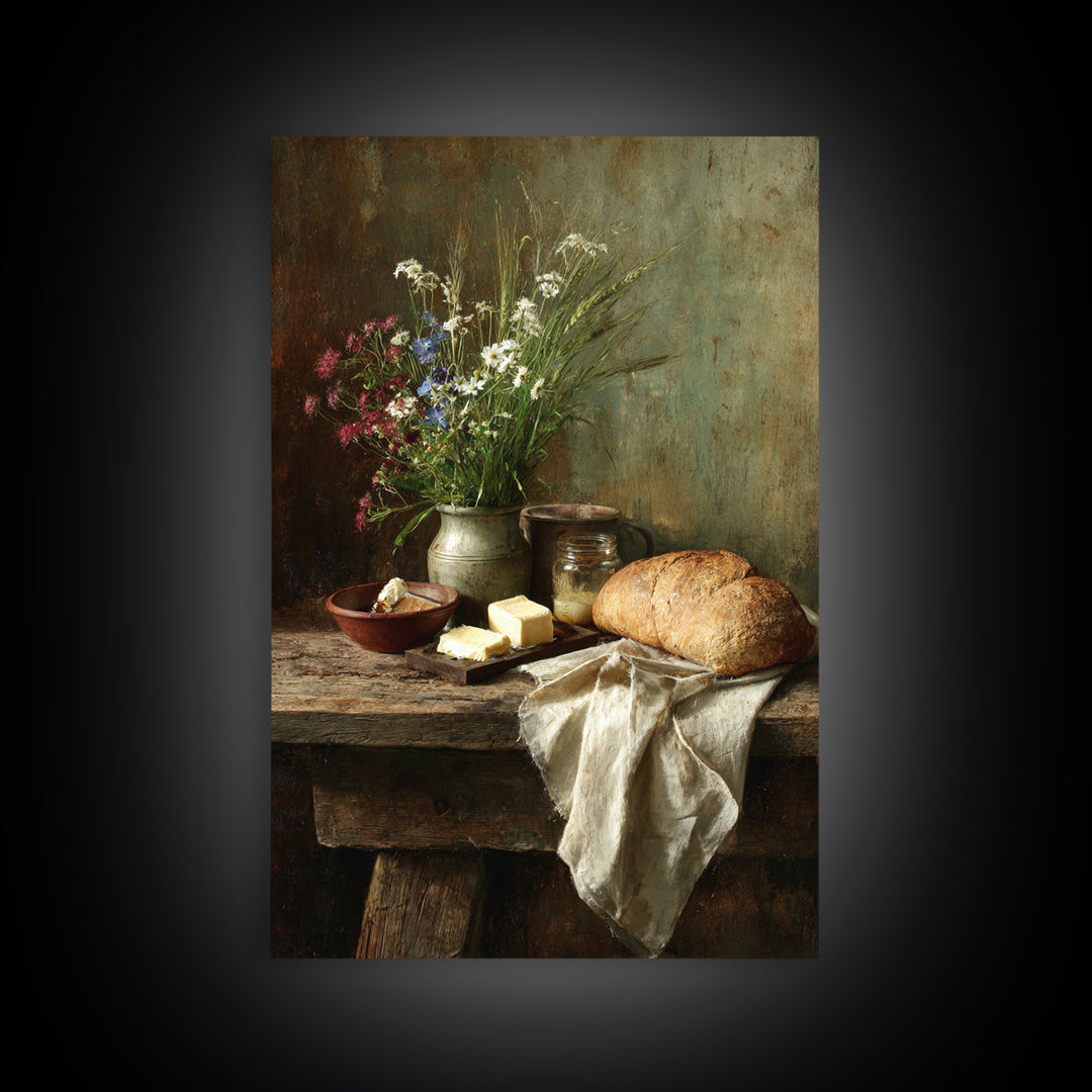 Fresh Bread Honey and Butter Still Life Framed Canvas Print, Farmhouse Art, Neutral Decor, Farmhouse Decor, Abstract Art, FAR-2x3-56