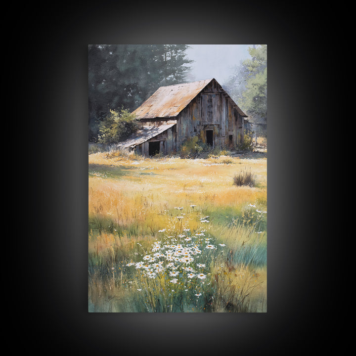 Rustic Barn in Golden Field Light Canvas Print, Farmhouse Art, Digital Prints, Farmhouse Decor, Harvest, Watercolor Painting, FAR-2x3-58
