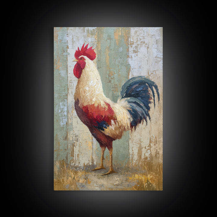 Rooster Painted in Cheerful Folk Colors Framed Canvas Print, Farmhouse Art, Wall Art, Farmhouse Decor, Fine Art, Harvest, FAR-2x3-60