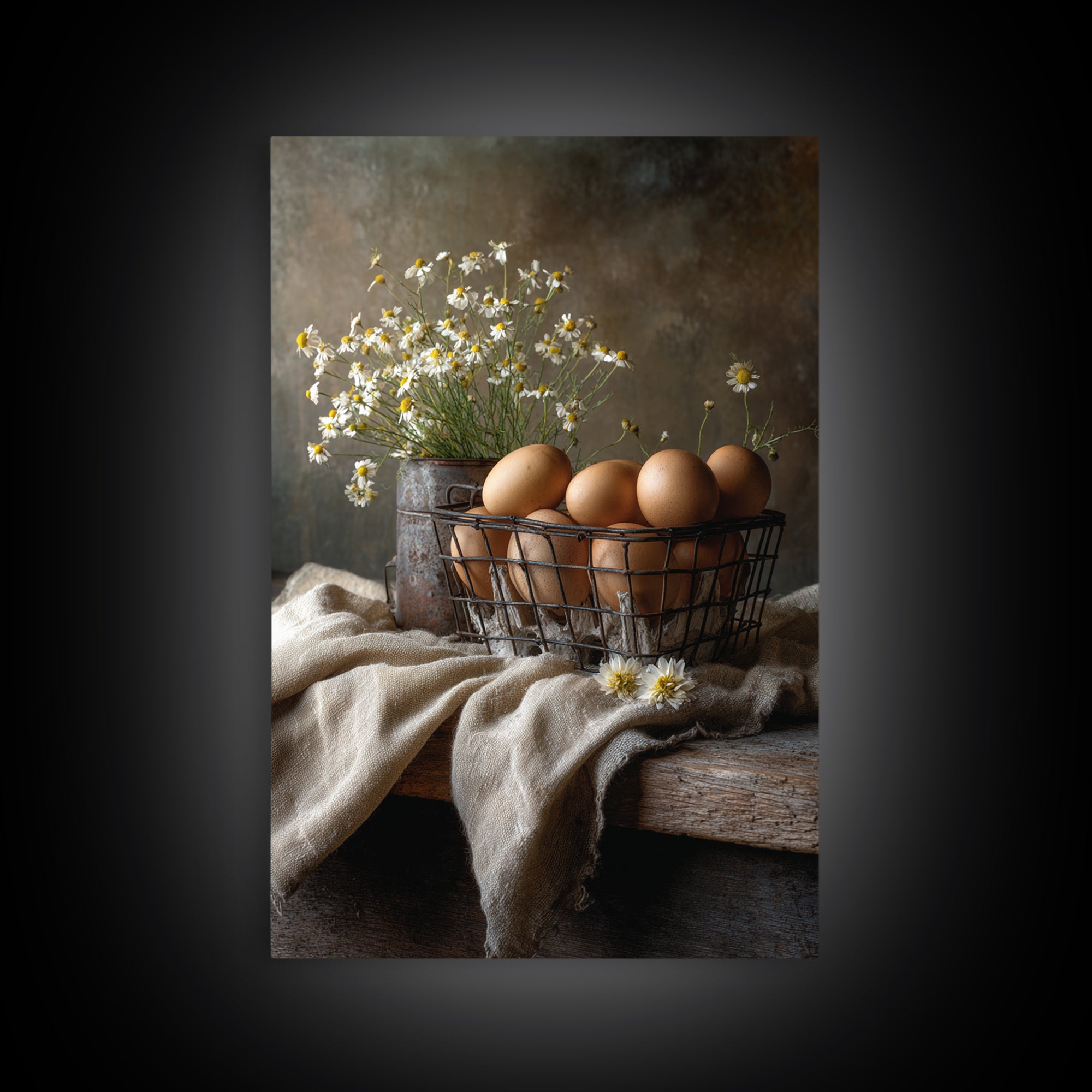 Fresh Eggs in a Wire Basket Canvas Print, Farmhouse Art, Farmhouse Decor, Abstract Art, Harvest, Sage Green Wall Art, FAR-2x3-62
