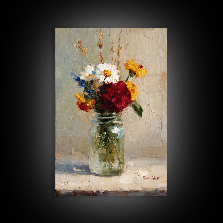 Wildflowers in a Mason Jar on Linen Framed Canvas Print, Farmhouse Art, Wall Decor, Farmhouse Decor, Fine Art, Harvest, FAR-2x3-63