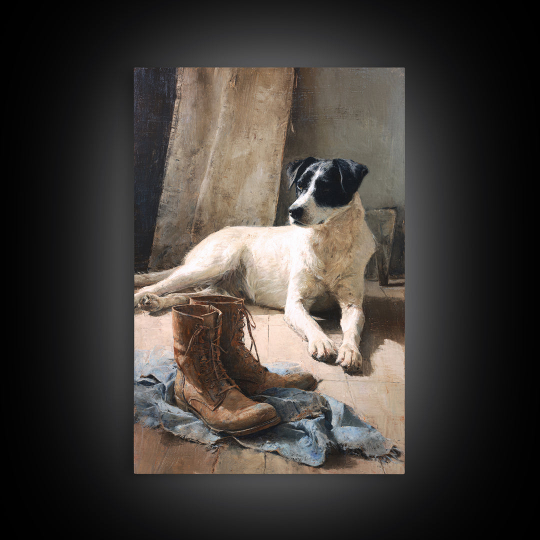 Farm Dog Lying Beside Weathered Boots Canvas Print, Farmhouse Art, Digital Wall Art, Farmhouse Decor, Fine Art, Harvest, FAR-2x3-65