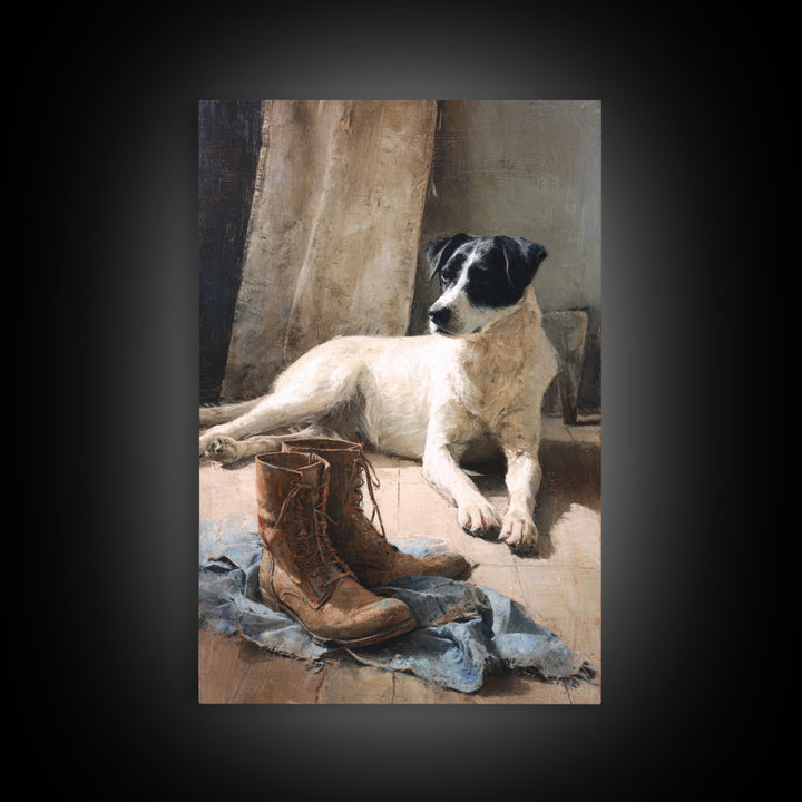 Farm Dog Lying Beside Weathered Boots Canvas Print, Farmhouse Art, Digital Wall Art, Farmhouse Decor, Fine Art, Harvest, FAR-2x3-65
