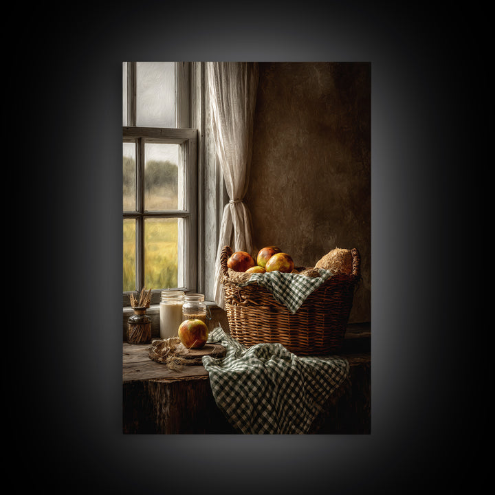 Apple Basket with Gingham Cloth Canvas Print, Farmhouse Art, Digital Prints, Farmhouse Decor, Harvest, Watercolor Painting, FAR-2x3-67