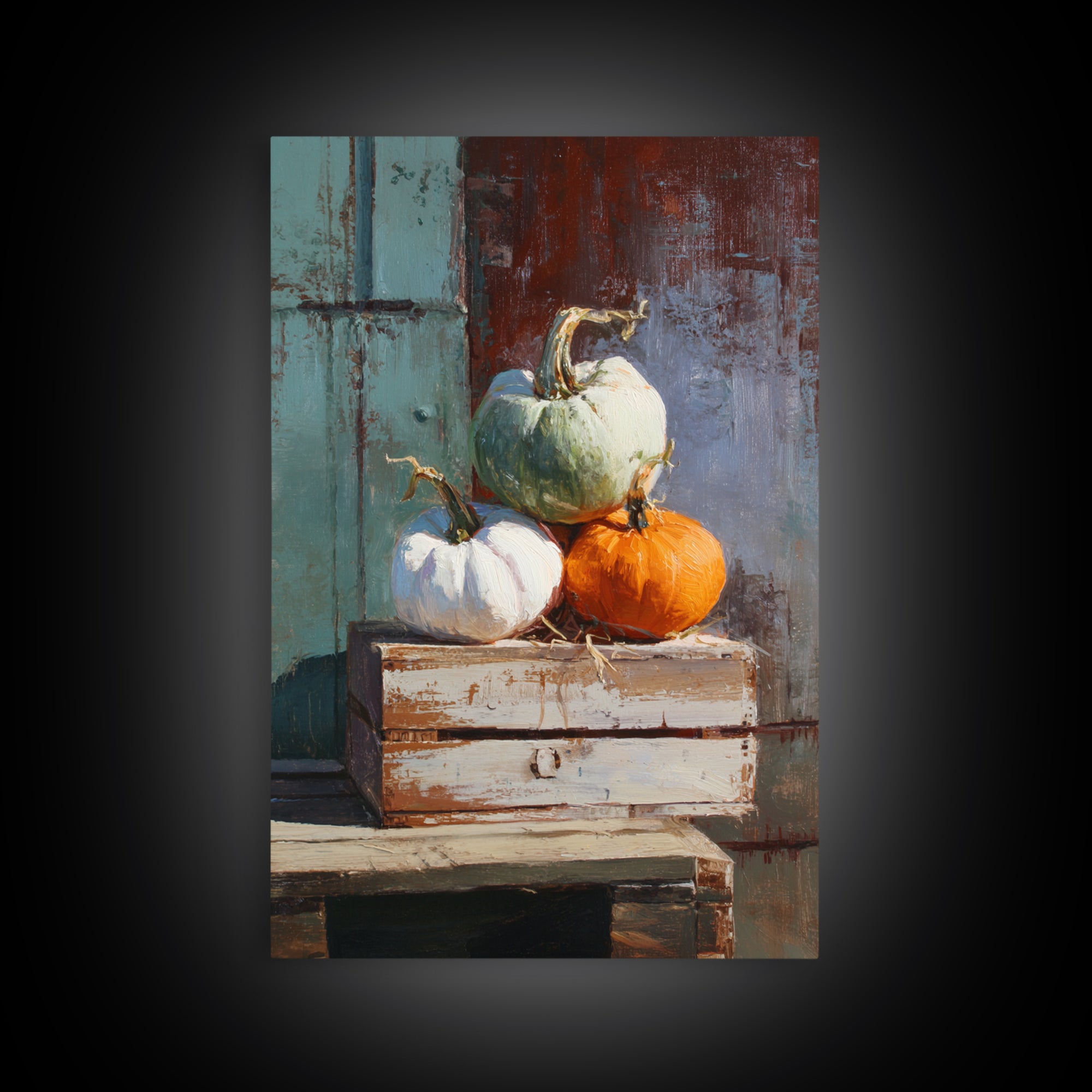 Pumpkins Stacked on a Wooden Crate Framed Canvas Print, Farmhouse Art, Digital Print, Farmhouse Decor, Fine Art, Harvest, FAR-2x3-69