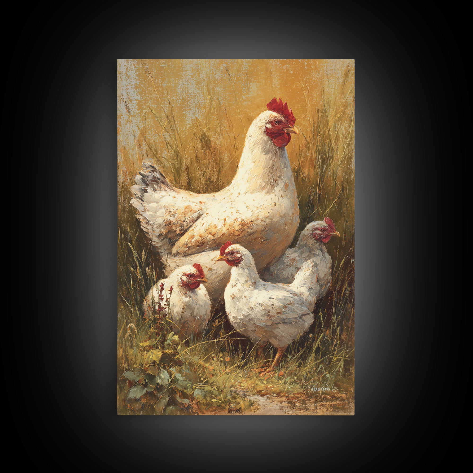 Chicken Family in a Garden Patch Canvas Print, Farmhouse Art, Farmhouse Decor, Oil Painting, Harvest, Sage Green Wall Art, FAR-2x3-71