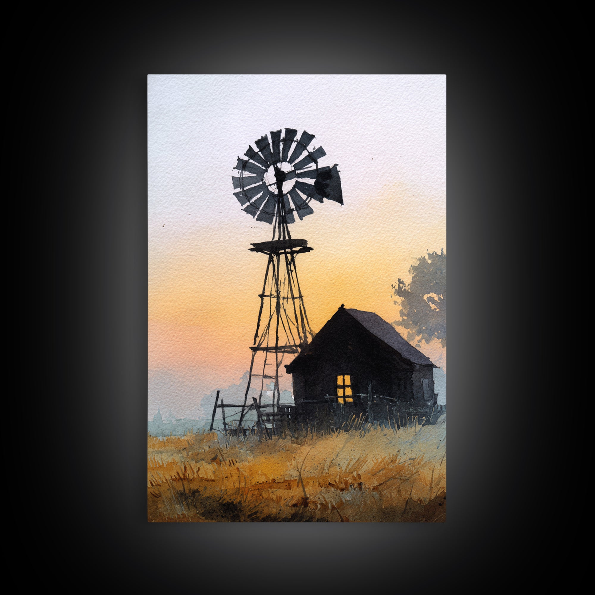 Windmill Silhouette at Sunset Framed Canvas Print, Farmhouse Art, Printable Art, Farmhouse Decor, Harvest, Landscape Painting, FAR-2x3-73