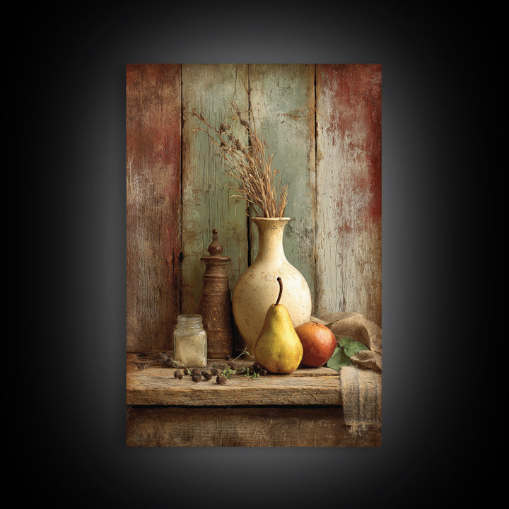 Rustic Pear Still Life on Plank Wood Framed Canvas Print, Farmhouse Art, Digital Art, Farmhouse Decor, Fine Art, Harvest, FAR-2x3-75