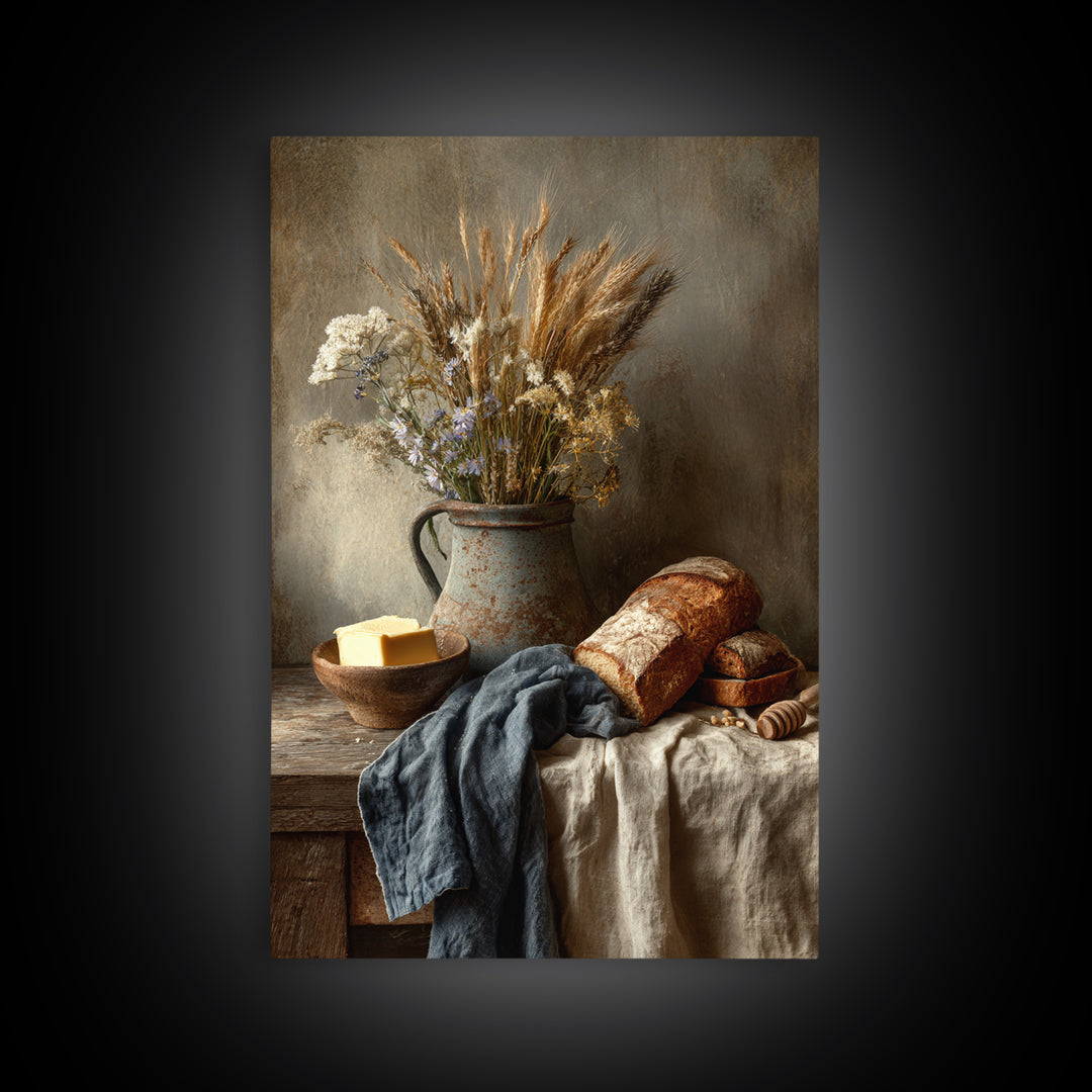 Fresh Bread Honey and Butter Still Life Framed Canvas Print, Farmhouse Art, Black Wall Art, Farmhouse Decor, Oil Painting, FAR-2x3-8