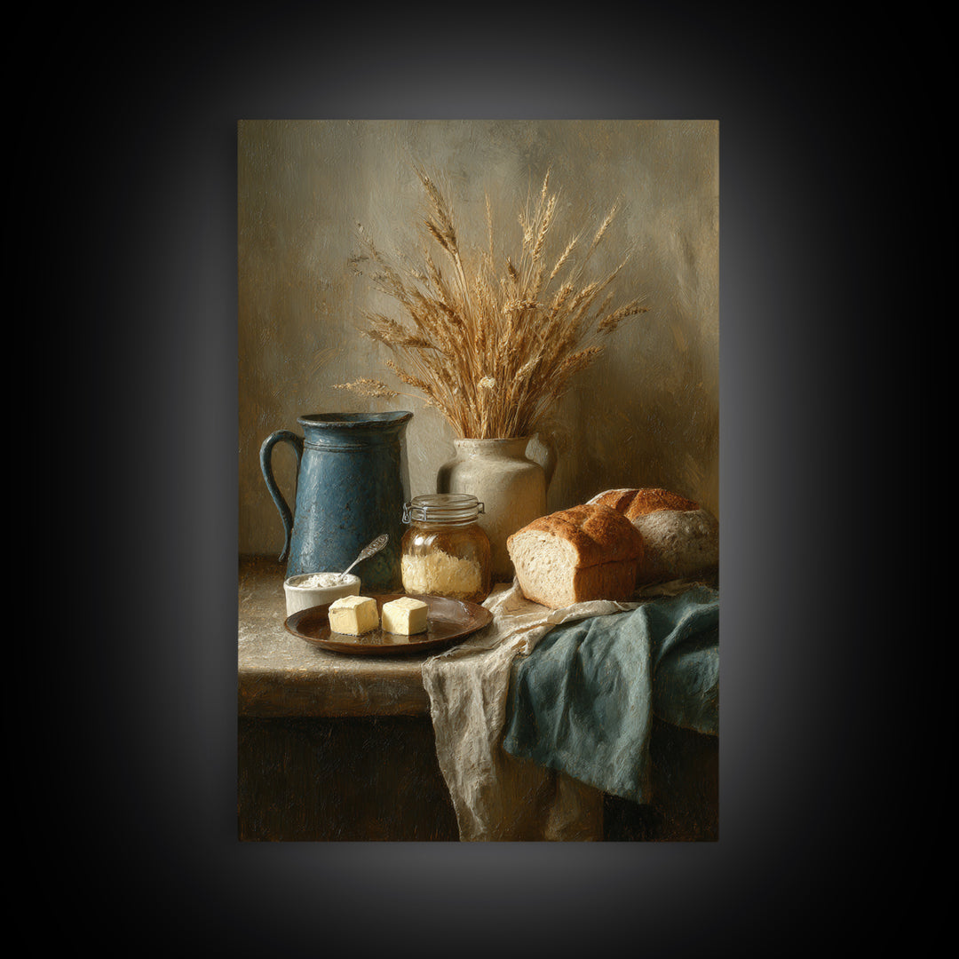 Fresh Bread Honey and Butter Still Life Framed Canvas Print, Farmhouse Art, Farmhouse Decor, Watercolor Art, Harvest, FAR-2x3-80