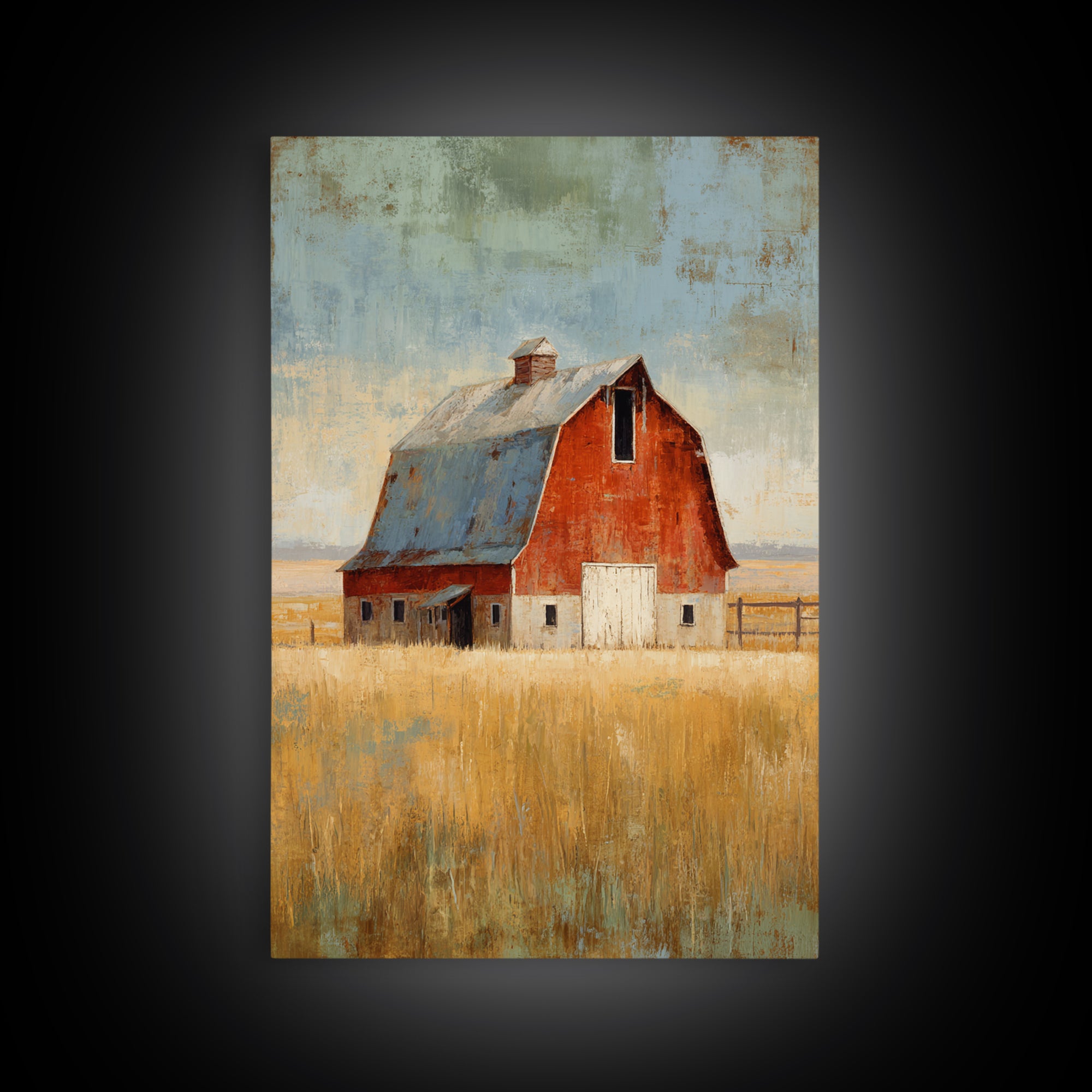 Rustic Barn in Golden Field Light Canvas Print, Farmhouse Art, Digital Prints, Farmhouse Decor, Harvest, Watercolor Painting, FAR-2x3-82