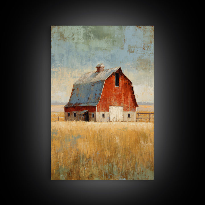Rustic Barn in Golden Field Light Canvas Print, Farmhouse Art, Digital Prints, Farmhouse Decor, Harvest, Watercolor Painting, FAR-2x3-82