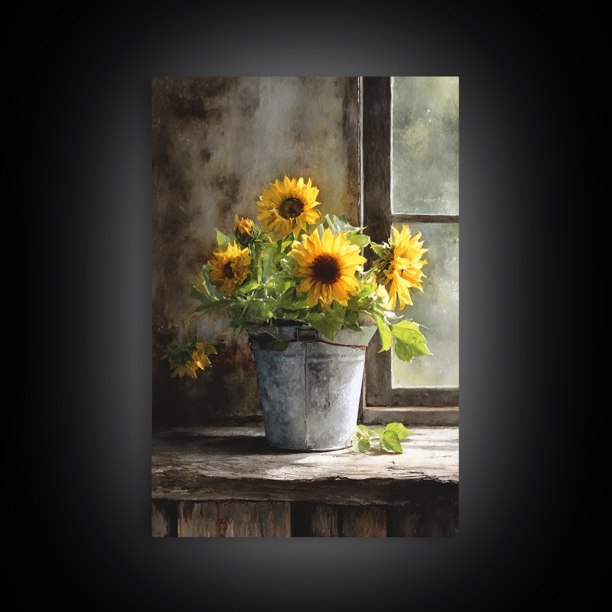 Sunflowers in a Galvanized Metal Bucket Framed Canvas Print, Farmhouse Art, Living Room Decor, Farmhouse Decor, Harvest, FAR-2x3-83