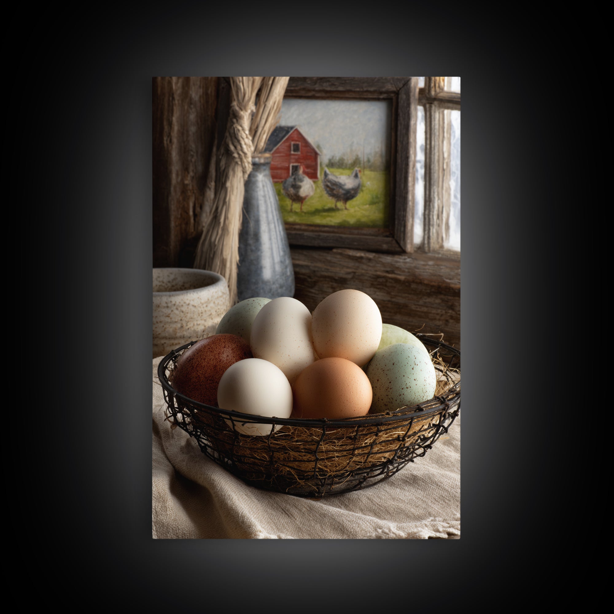 Fresh Eggs in a Wire Basket Canvas Print, Farmhouse Art, Farmhouse Decor, Abstract Art, Harvest, Sage Green Wall Art, FAR-2x3-86