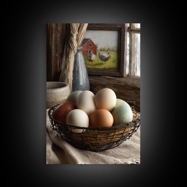 Fresh Eggs in a Wire Basket Canvas Print, Farmhouse Art, Farmhouse Decor, Abstract Art, Harvest, Sage Green Wall Art, FAR-2x3-86
