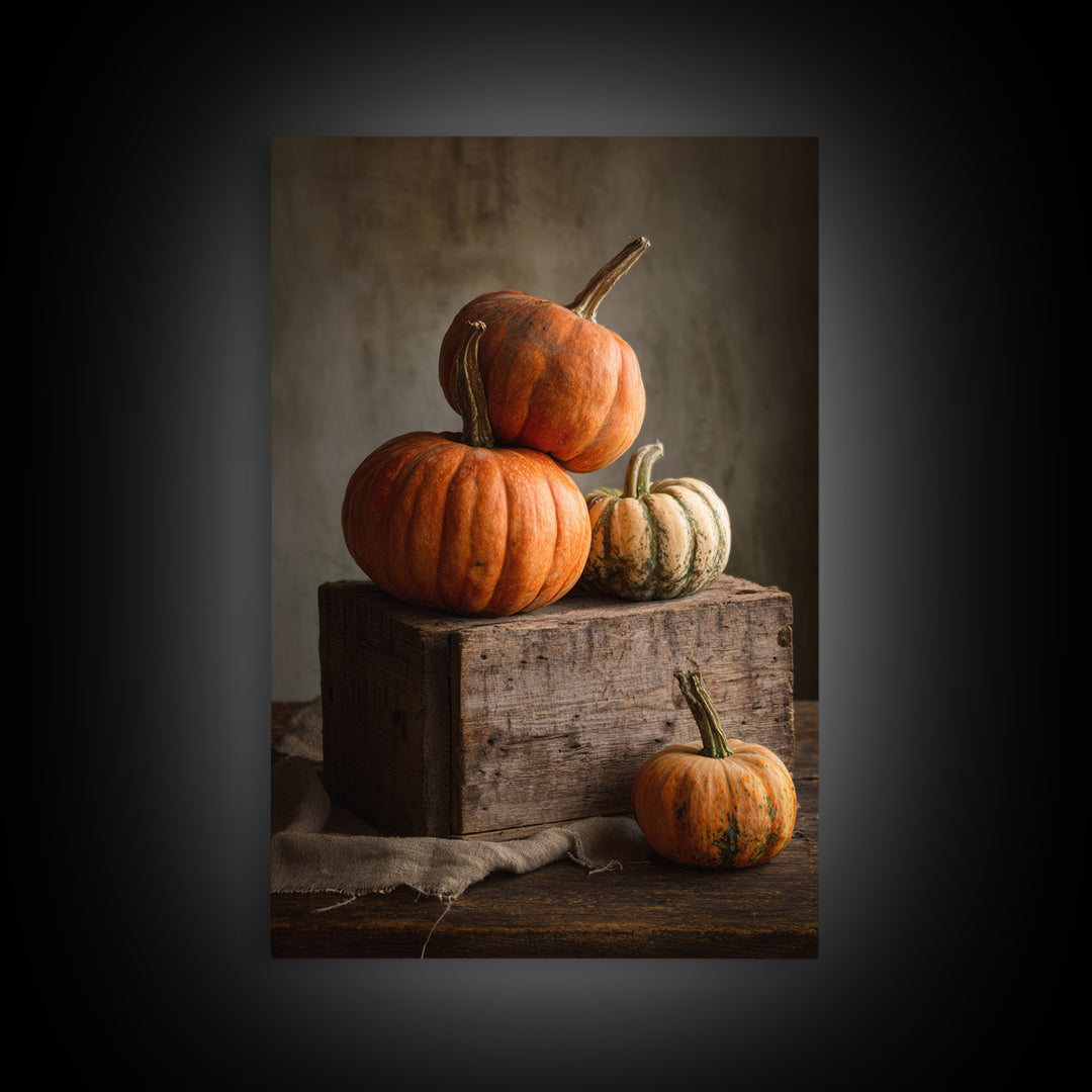 Pumpkins Stacked on a Wooden Crate Framed Canvas Print, Farmhouse Art, Digital Print, Farmhouse Decor, Fine Art, Harvest, FAR-2x3-93
